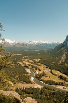 Breathtaking panoramic view of Bow Valley with mountains and river in Banff National Park, Alberta, Canada.