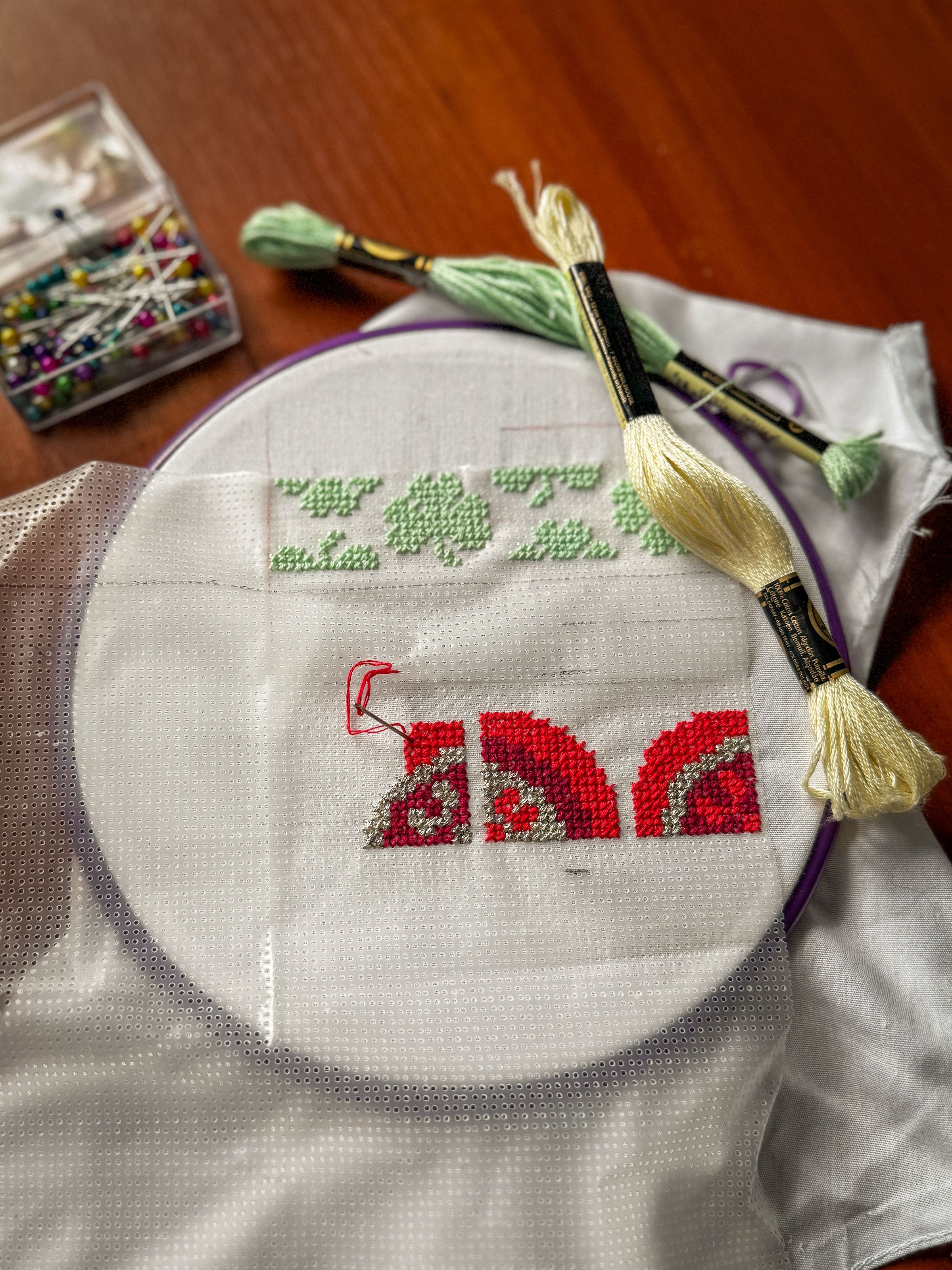 Embroidery craft kits for adults with hoop, patterned fabric and coordinated threads