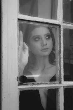 Black and white portrait of a woman gazing thoughtfully outside a window in Mexico City.