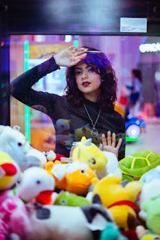 Young woman poses inside an arcade claw machine filled with colorful plush toys, capturing a playful and vibrant atmosphere.