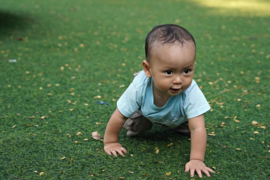 Cute baby crawling on grass lawn on a sunny day. Captures innocence and outdoor joy.