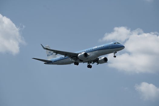 KLM airplane majestically descending through the clear Hamburg sky, showcasing the beauty of air travel.