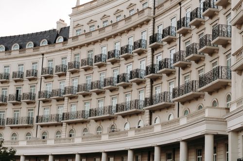 Free Curved elegant building facade with classic balconies in Baku, Azerbaijan. Stock Photo