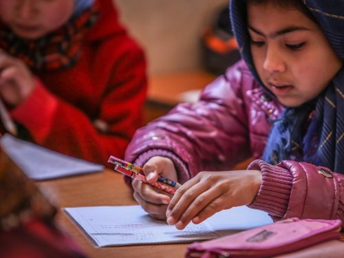 Free Young Afghan students engaged in learning at a classroom desk. Stock Photo