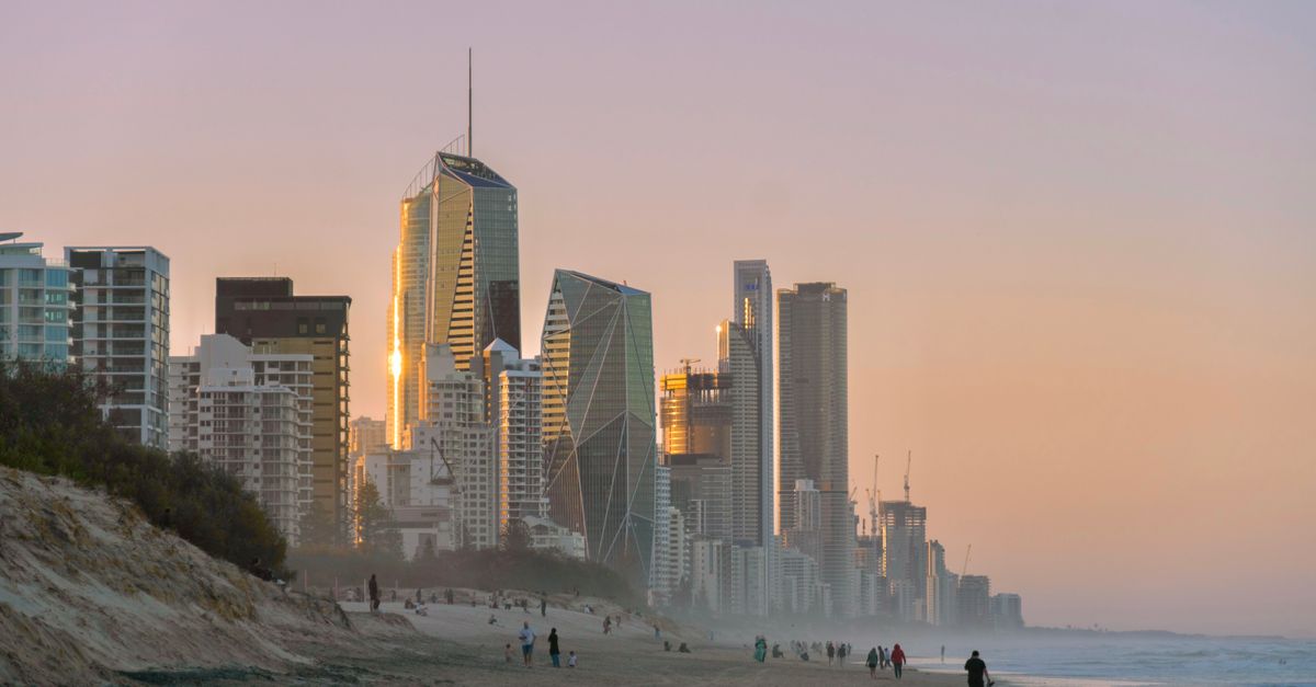 Sunset view of Surfers Paradise skyline, Gold Coast, with beachfront