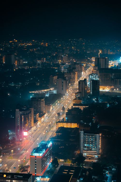 Free A breathtaking night aerial view of Addis Ababa showcasing city lights and skyline. Stock Photo
