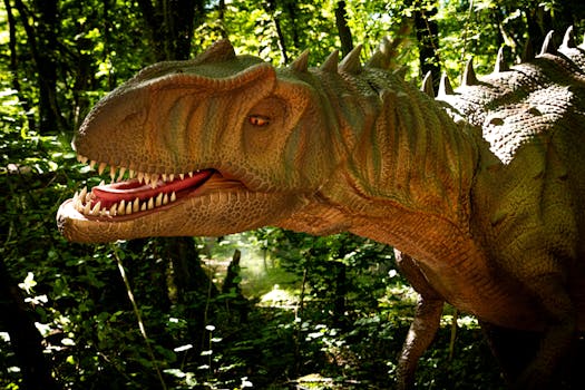 Detailed dinosaur model in a lush forest, showcasing realistic textures and vibrant colors.