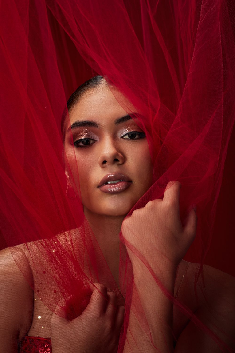 Elegant Woman in Red Veil with Glamorous Makeup · Free Stock Photo