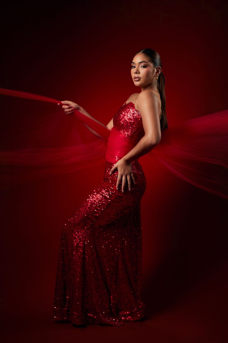 editorial fashion cover portrait in red gown