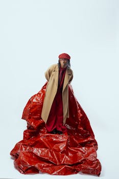 Chic fashion shot featuring a stylish individual in red and beige against a minimal background.