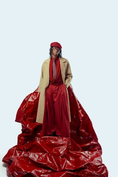 Stylish individual wearing a red outfit with a beige coat, showcasing contemporary fashion.