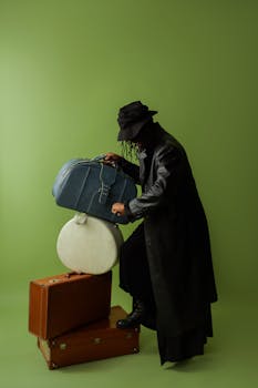 Person in dark outfit arranging vintage suitcases on green background.