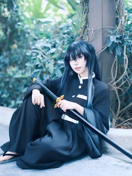 A person in samurai cosplay with a katana, sitting in a lush outdoor garden.
