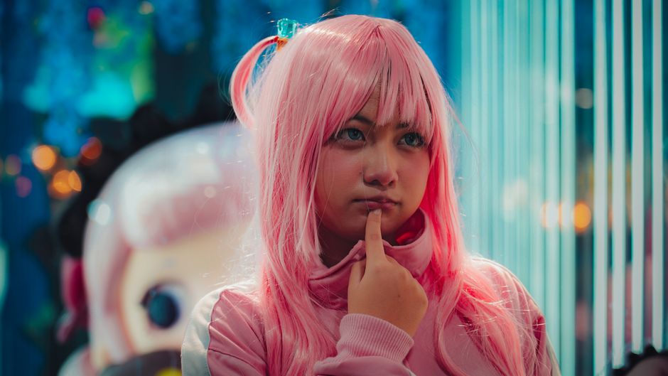 Close-up of young woman in pink wig and costume, pondering indoors.