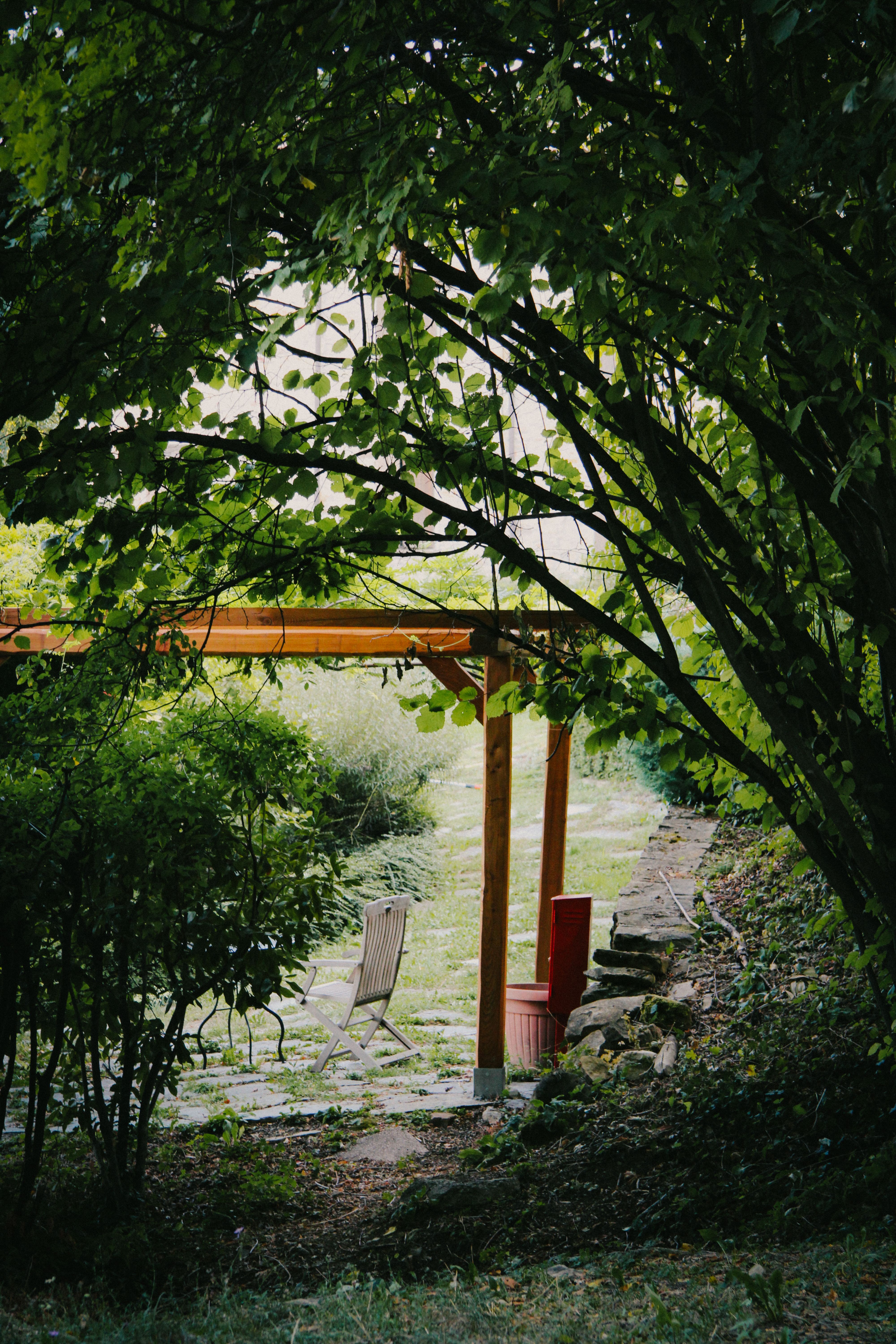 Side patio design with a narrow wooden pergola over a small seating area, with string lights strung across the top