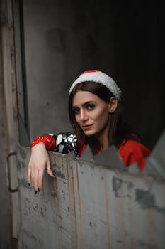 一位年轻女子头戴圣诞老人帽，在室内摆出姿势，营造出节日与时尚的氛围