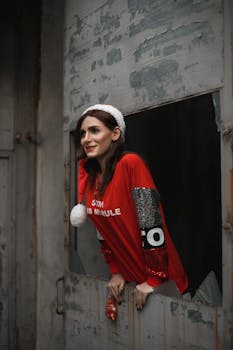 照片里，一位头戴圣诞帽、身穿红色毛衣的女子正兴高采烈地摆着姿势