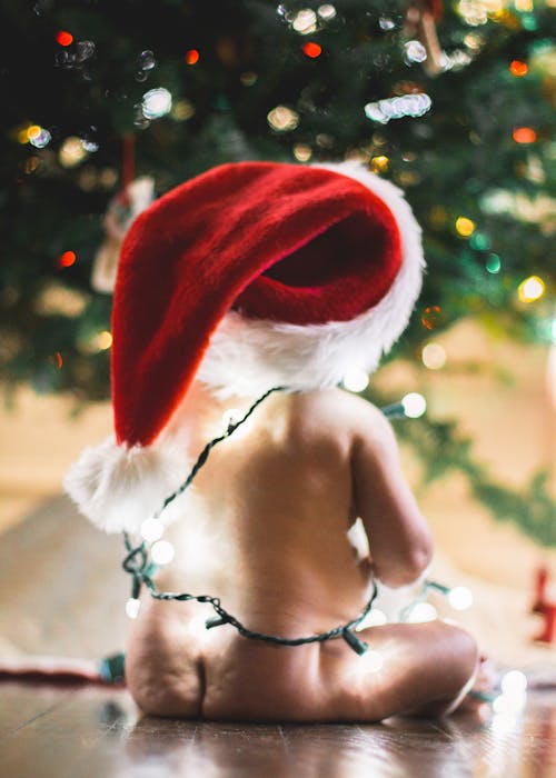 無料 クリスマスツリーの近くに座っている赤いサンタの帽子をかぶって赤ちゃん 写真素材