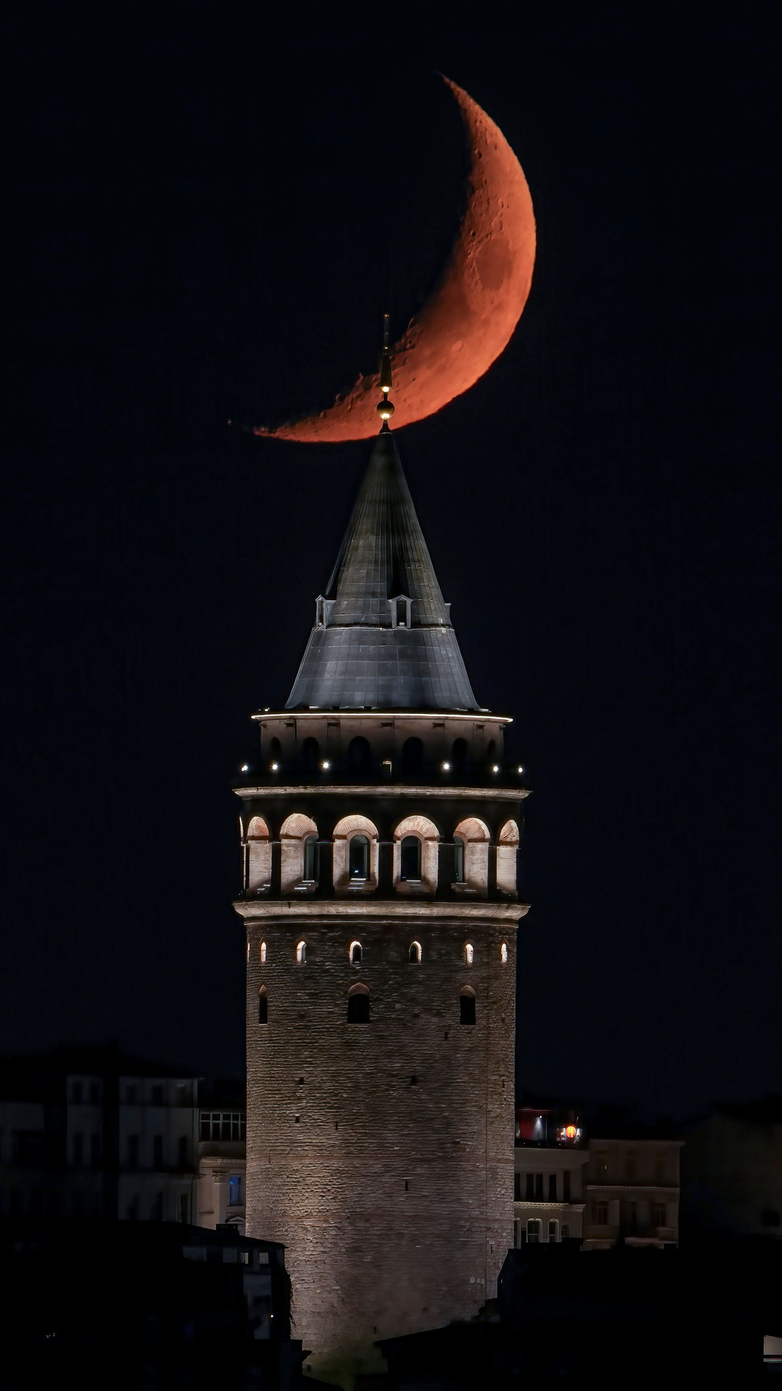 Galata Tower with Crescent Moon at Night · Free Stock Photo