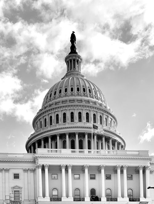 Free Black and white photo of the US Capitol Building in Washington, DC, showcasing its iconic dome. Stock Photo
