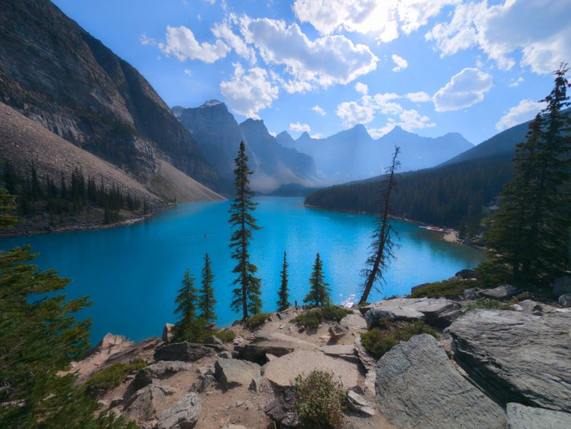 Moraine Lake turquoise water and the Ten Peaks in the Canadian Rockies