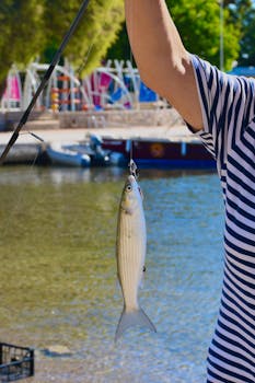 A person holds a fish near a waterfront, capturing a moment of leisure fishing on a sunny day.