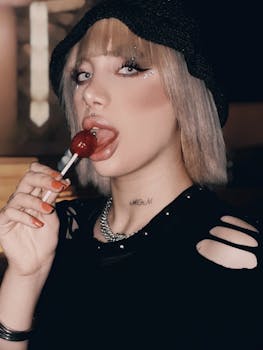 Stylish woman with edgy attire and lollipop in casual chic pose.