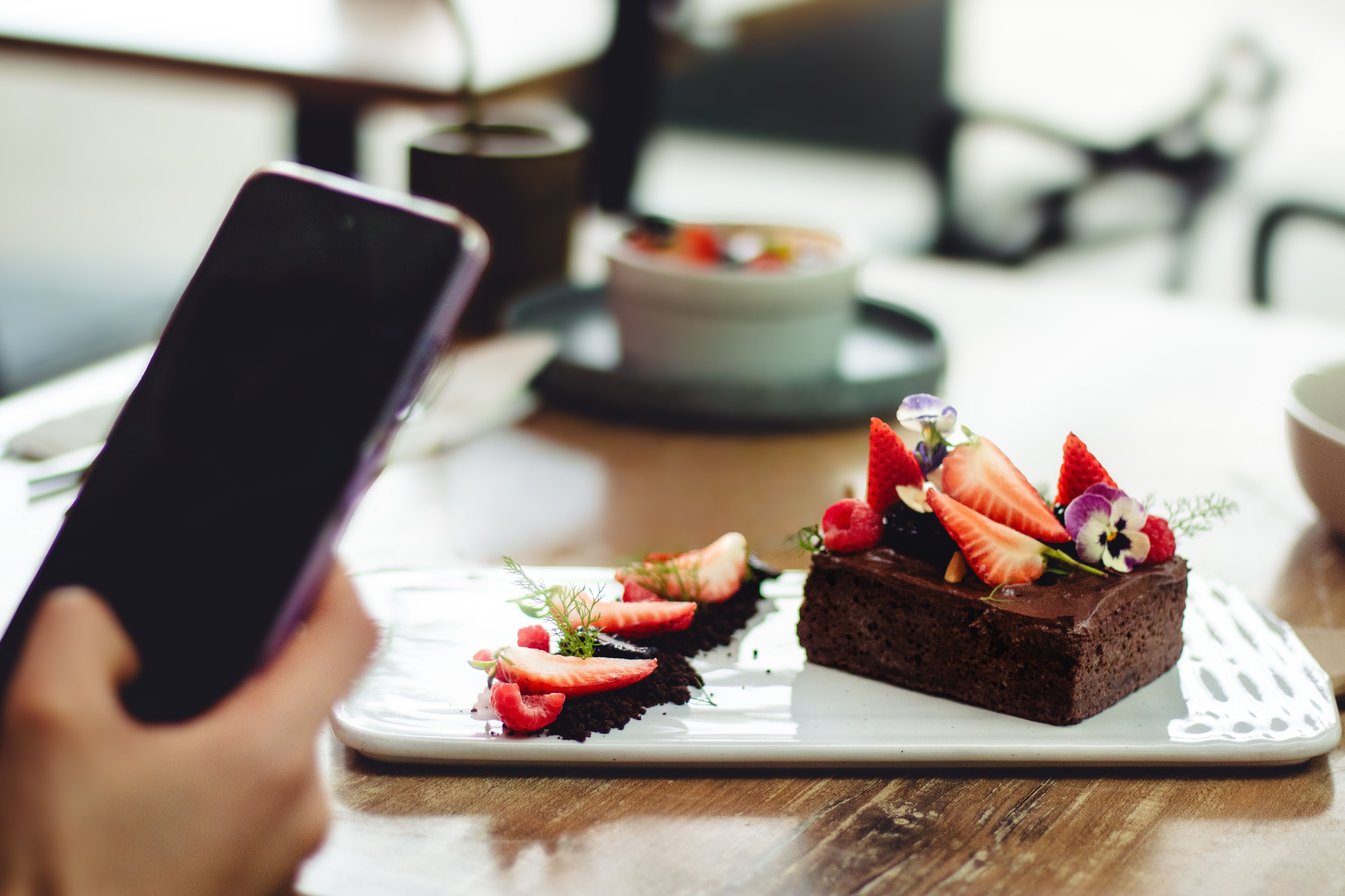 Artfully arranged chocolate dessert garnished with fresh strawberries and edible flowers, captured indoors.