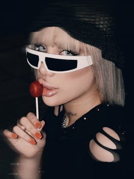 Chic portrait of a young woman in sunglasses enjoying a lollipop.