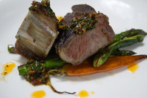 Free Delicious wagyu beef with asparagus and sauce, perfect for gourmet dining. Stock Photo