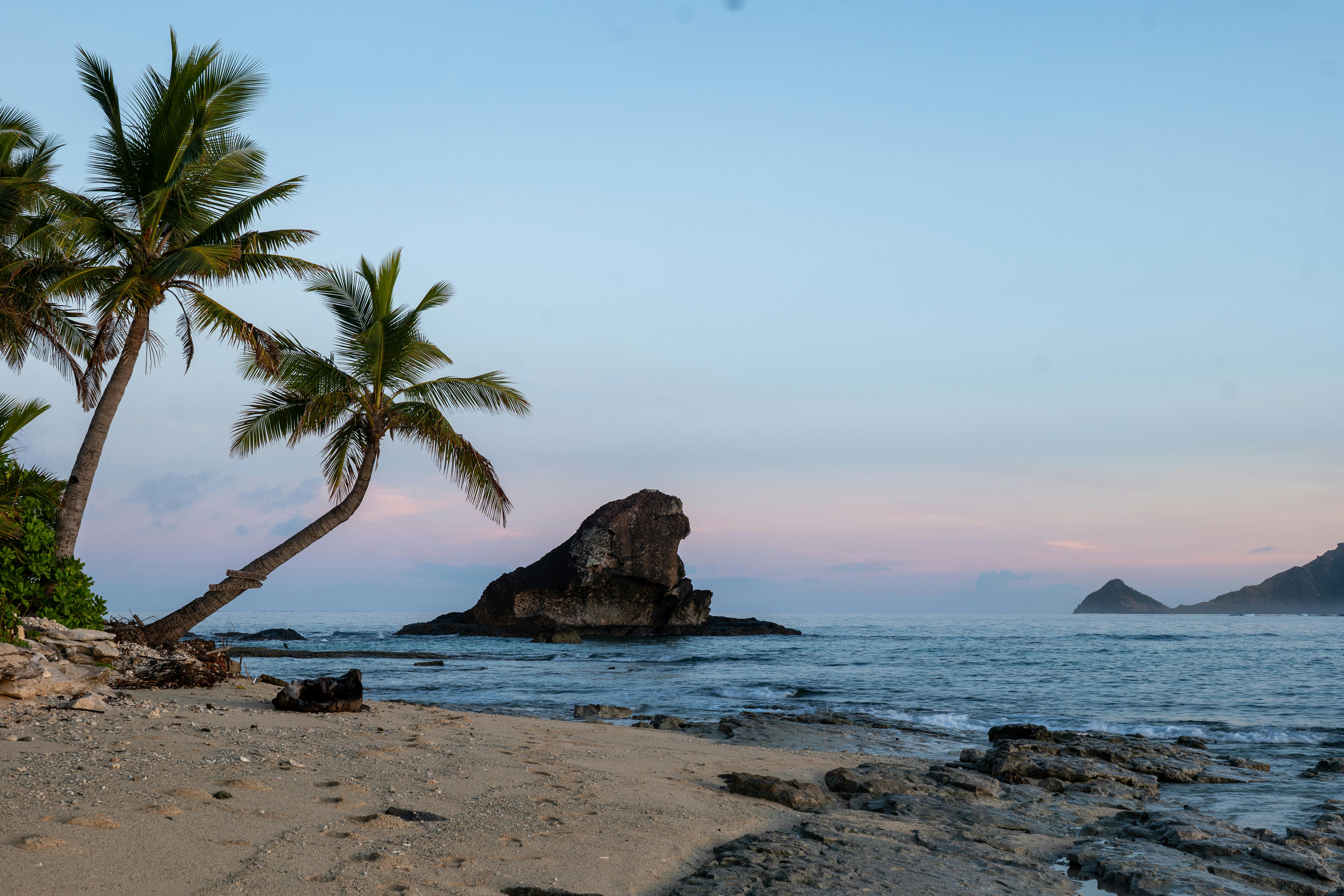 Captivating view of a tropical beach with palm trees and sunrise on Kuata Island, Fiji.