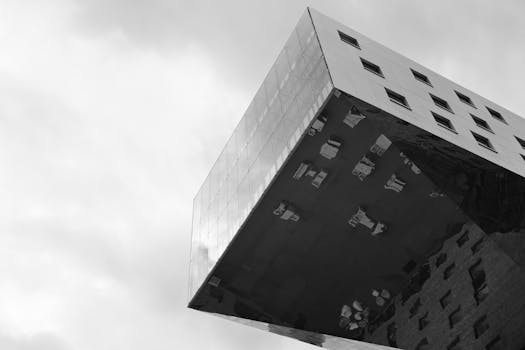 Striking black and white photo of a modern building's unique architecture in Berlin.