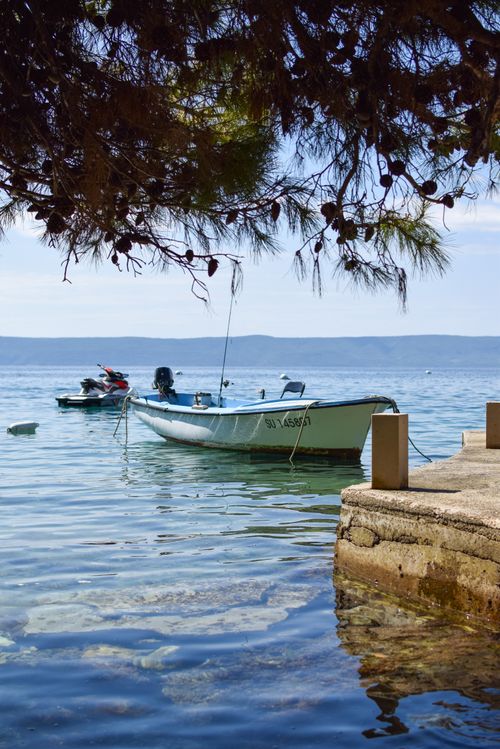 Free Peaceful harbor view in Split-Dalmatia, Croatia with boats under a tree. Stock Photo