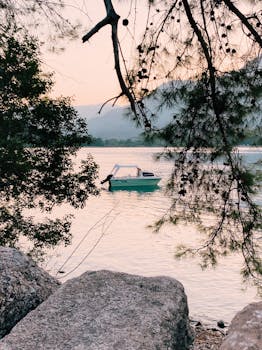 Serene view of a boat on a lake at sunset framed by trees and rocks.