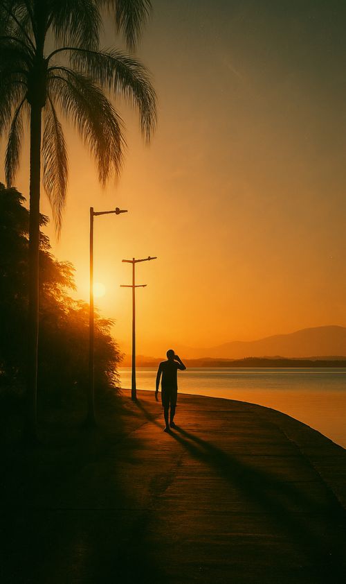 Free A serene sunset scene with a silhouette walking along a lakeside path framed by palm trees. Stock Photo