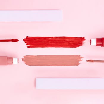 A stylish flat lay of red and nude lip gloss with applicators on a light pink background. Perfect for beauty product promotions.
