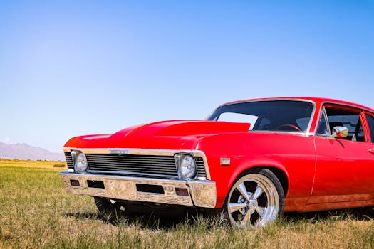 A vintage red car parked on a grass field under a clear blue sky, showcasing classic style.