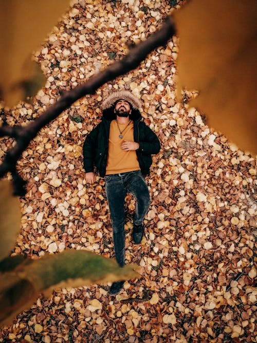 Free Photo Of Man Laying On Dried Leaves Stock Photo