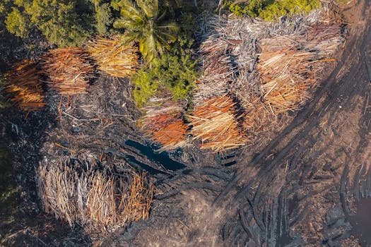 Drone shot capturing logs and deforestation in a forest environment.
