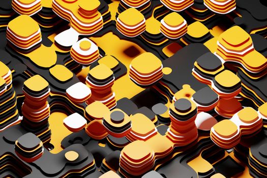 Vivid 3D abstract art showcasing layered geometric forms in yellow, black, and white.