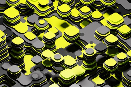 3D abstract geometric layers in bold yellow and black colors.