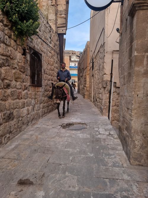 Free A man riding a donkey down a narrow stone alley in an ancient cityscape. Stock Photo