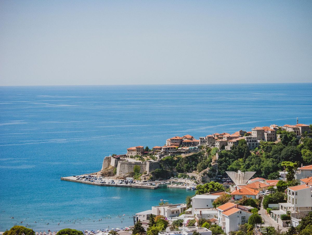 Aerial view of Ulcinj old town above the Adriatic Sea