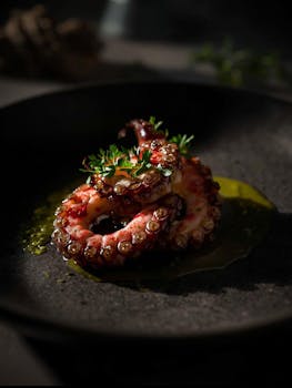 Elegant presentation of grilled octopus with fresh herbs in Porto, Portugal.