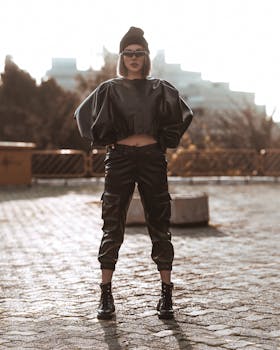 Fashionable woman posing confidently in a black outfit with sunglasses and beanie outdoors.