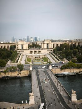A stunning aerial view of the Trocadéro Gardens and Pont d'Iéna in Paris.