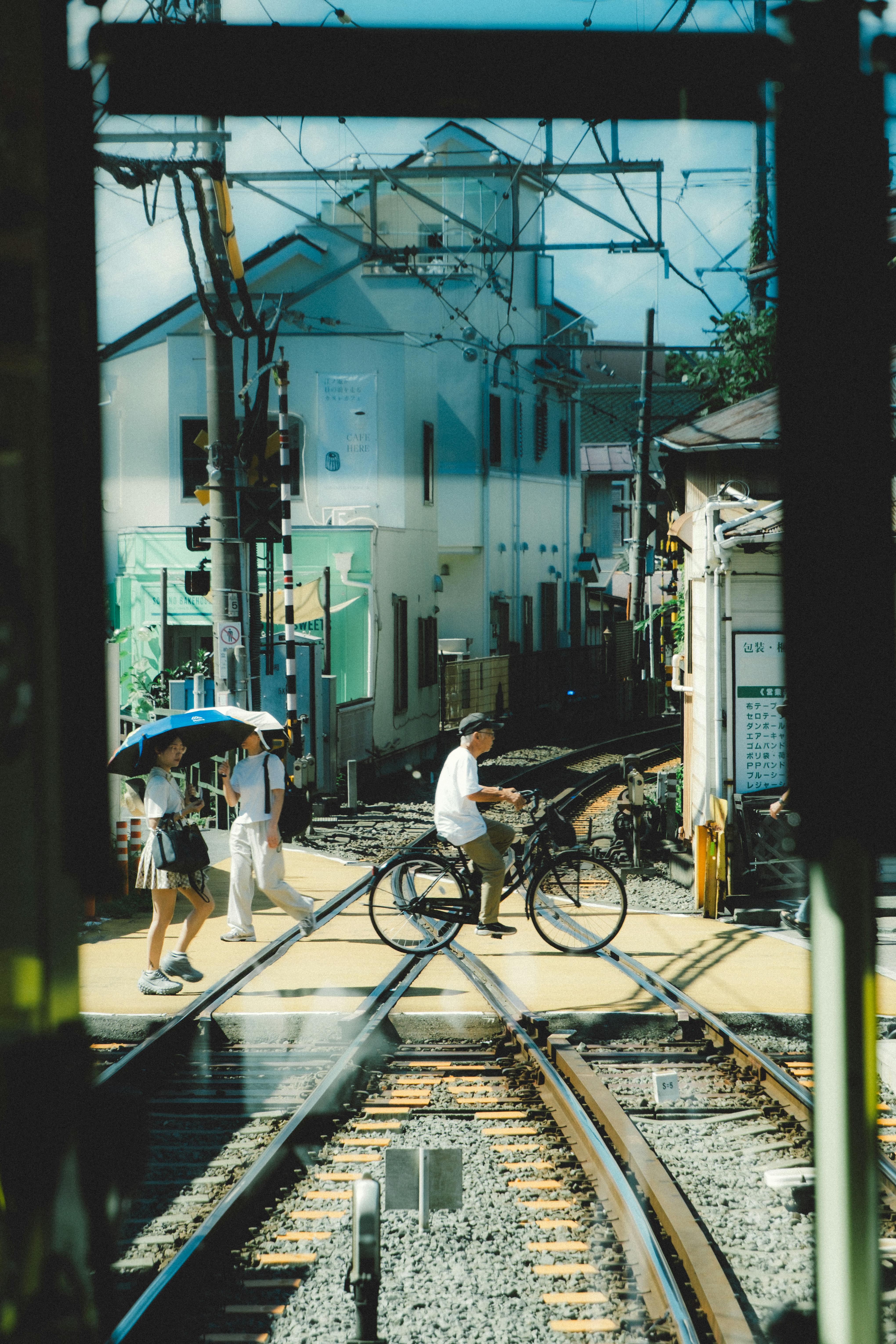 A busy urban street scene with pedestrians crossing railway tracks under clear skies.
