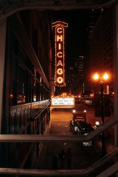 Iconic Chicago Theater lit up at night on a bustling street in Chicago.