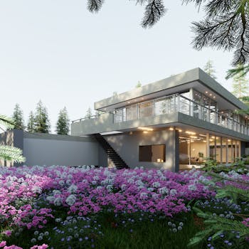 Stunning modern villa surrounded by colorful flowers and forest backdrop.