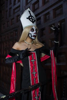 Woman in gothic attire with face paint, posing indoors in church setting, embodying dark elegance.